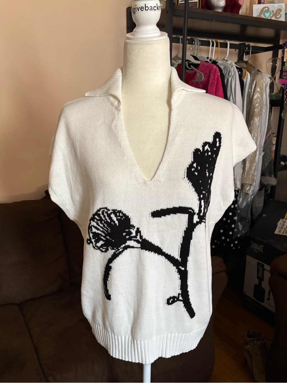 Rain + Rose Floral Graphic Knit Collared Vest Top Sweater V-Neck White XL - Picture 4 of 7